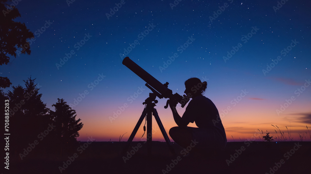 Astronomical Twilight Observation.
Silhouette of a person engaged in stargazing with a telescope at dusk. Astronomical Twilight Observation.
Silhouette of a person engaged in stargazing with a telescope at dusk.