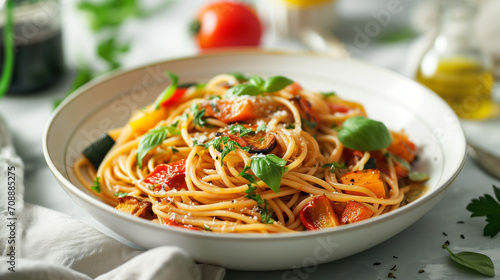 Whole wheat spaghetti with roasted vegetables