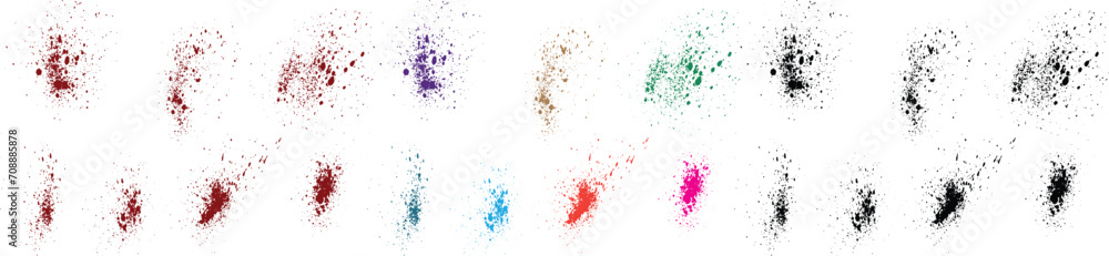 Splatter hand-drawn blue, pink, purple, red, black, green color paint brush stroke ink blots splash background set