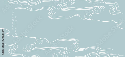 Hand drawn blue wave with Japanese pattern vector. Abstract art background in vintage style. Chinese new year banner and card design. Contemporary shapes in vintage template design