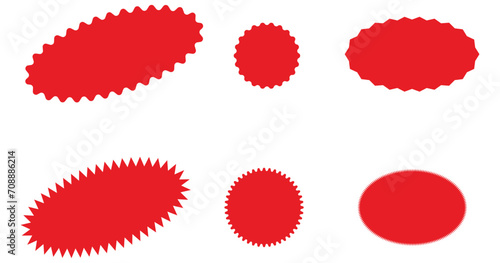 Starburst red sticker set - collection of special offer sale oval and round shaped sunburst labels and badges. Promo stickers with star edges. Vector. photo