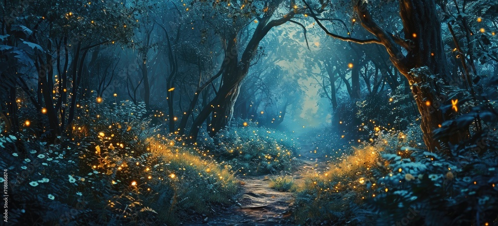 Enchanted forest pathway with glowing fireflies at twilight. Fantasy and mystery.