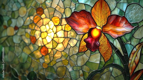 Stained glass window background with colorful Flower and Leaf abstract. photo