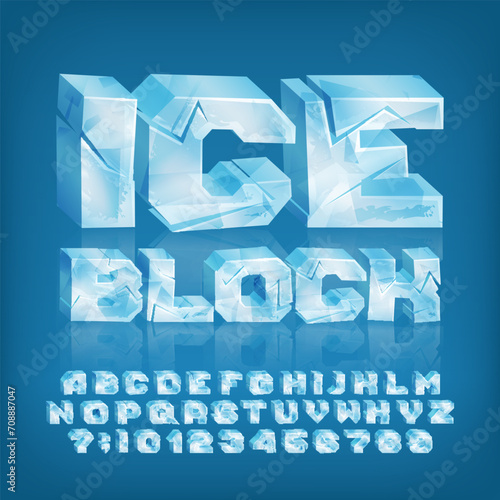 Ice Block alphabet font. 3D cartoon letters and numbers with cracks. Stock vector typeface for your typography design.