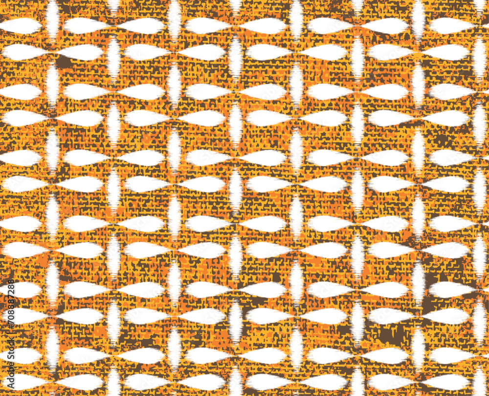 Seamless goldin colours fabric texture background with Ikat style white flower pattern for spring summer 2024 style used in textiles,walls, etc.., Seamless goldin colours fabric texture background with Ikat style white flower pattern for spring summer 2024 style used in textiles,walls, etc..,
