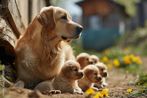 Dog feeding her newborn puppies