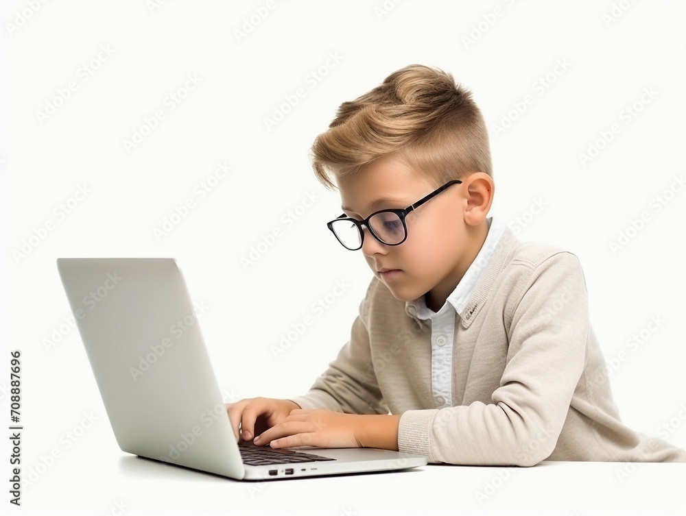 Small kid boy looking at laptop screen isolated on white background. Studying, distance education concept 