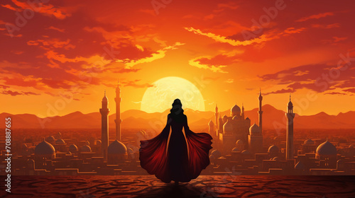 Silhouette of a Persian woman in national dress against the background of traditional Iranian architecture. Sunset  photo