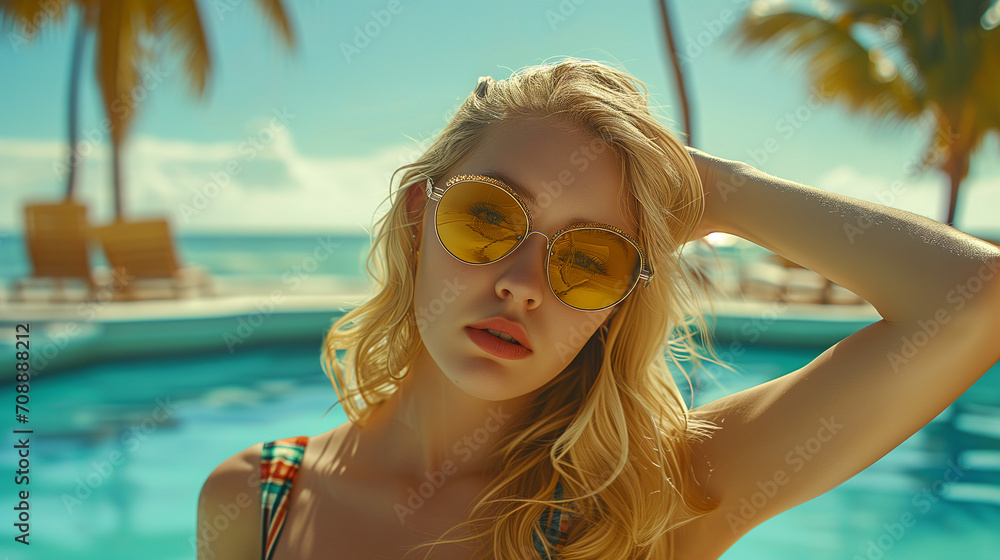 A blond woman with sunglasses stands in a resort swimming pool, close to the tropical beach A blond woman with sunglasses stands in a resort swimming pool, close to the tropical beach