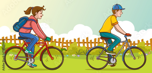 vector illustration of a couple Riding Bicycles in the Park