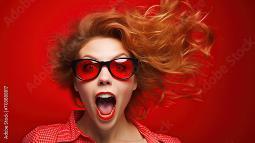 Excited Woman with Glasses on Red Background Expressing Surprise © iwaart