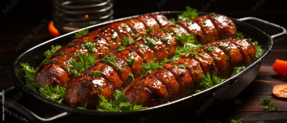 Succulent sausages sizzling in a pan with herbs.