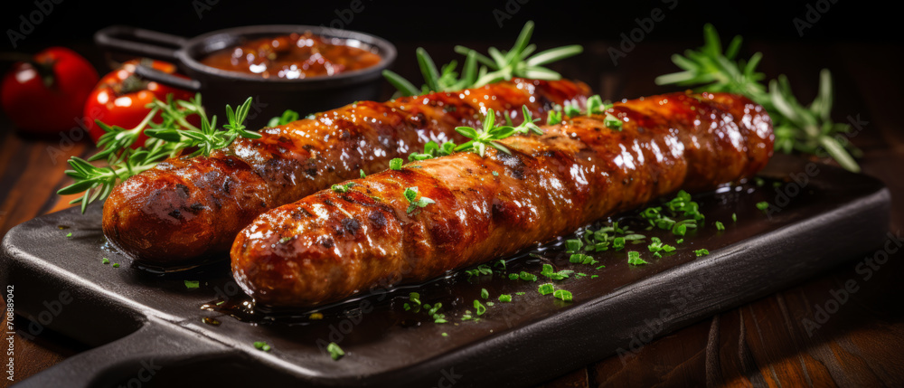 Succulent sausages sizzling in a pan with herbs. Succulent sausages sizzling in a pan with herbs.