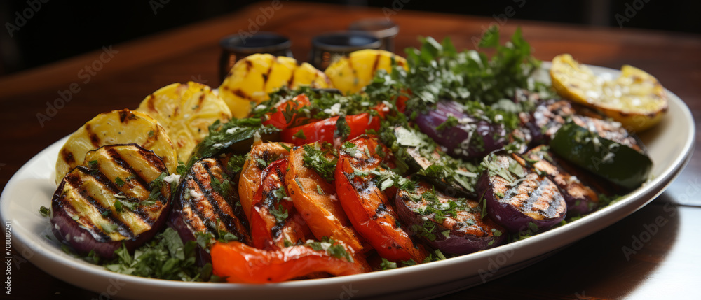 Closeup of a colorful grilled vegetable salad with aubergine, courgette, and paprika, highlighting a fresh, appetizing BBQ meal. Closeup of a colorful grilled vegetable salad with aubergine, courgette, and paprika, highlighting a fresh, appetizing BBQ meal.