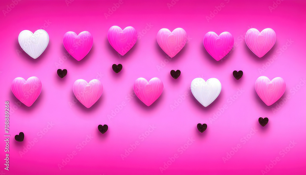 Many pink hearts on a pink background. Flatlay for Saint Valentines day. Composition of love