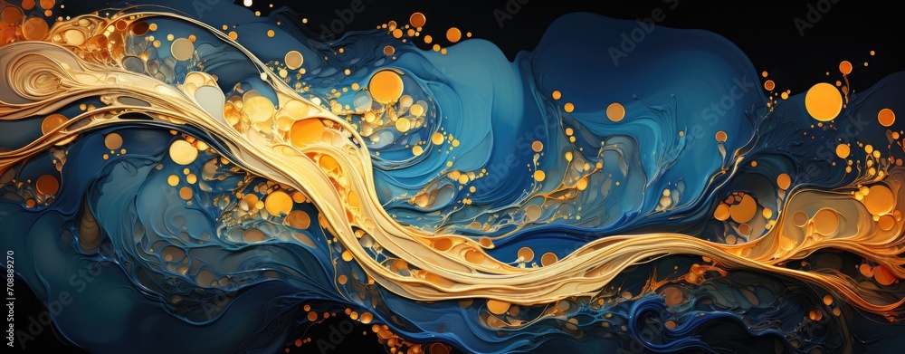 Abstract Blue and Gold Swirling Marble Art Texture.