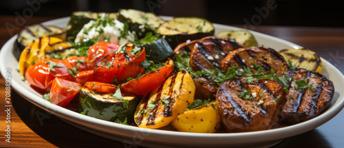 Closeup of a colorful grilled vegetable salad with aubergine, courgette, and paprika, highlighting a fresh, appetizing BBQ meal.