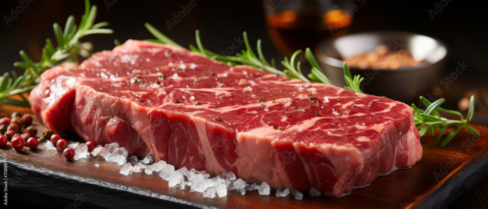 Fresh sirloin steak preparation with rosemary, salt, and pepper on a rustic wood surface. Fresh sirloin steak preparation with rosemary, salt, and pepper on a rustic wood surface.