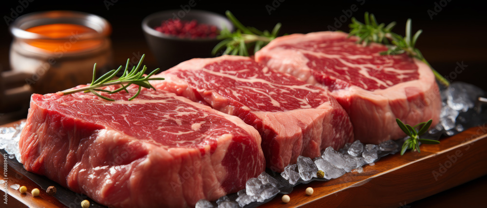 Raw, marbled Angus ribeye steak, ready for cooking, displayed on a wooden board with rosemary and spices.