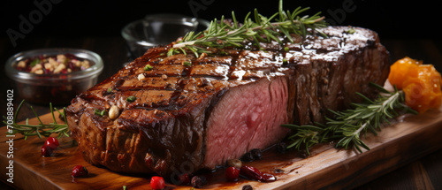 Close-up of a juicy, tender fillet mignon on a rustic wooden table, seasoned with pepper and salt.