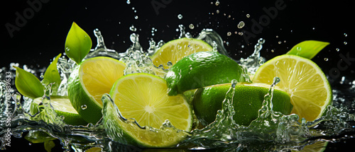 Close-up of ripe lime with water droplets and bubbles on a dark background, highlighting its natural freshnes. photo