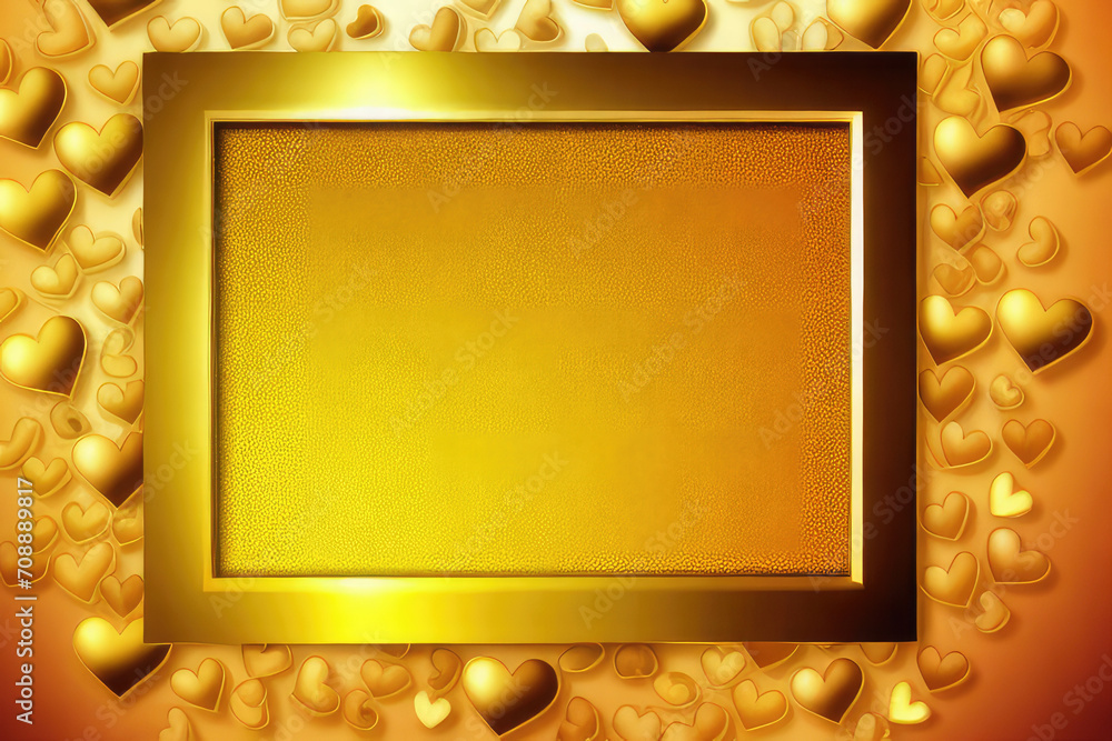 Valentines Day mockup with frame on golden background with yellow hearts. Copyspace greeting card