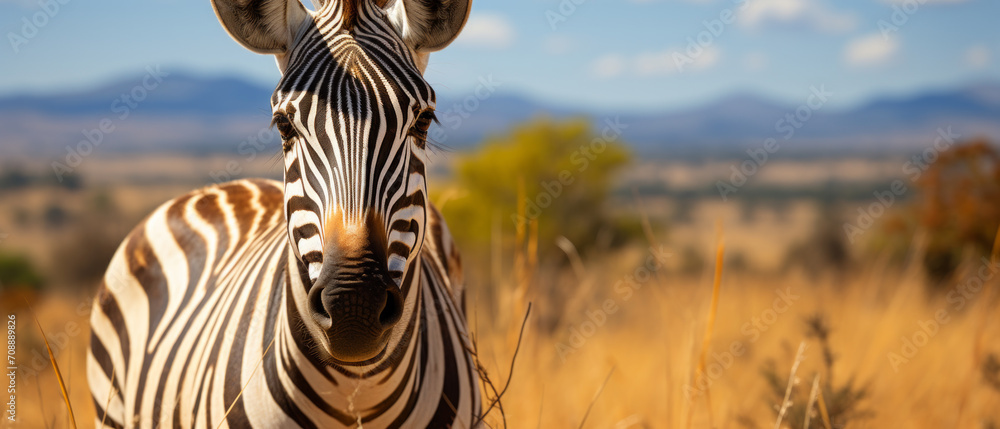 Obraz premium Close-up of a zebra's face in a natural savanna setting, showcasing its unique pattern and serene expression.