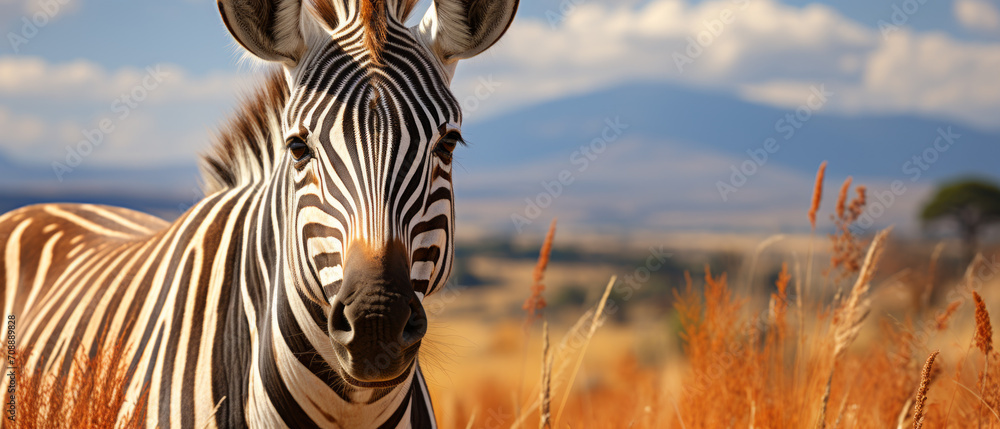 Obraz premium Close-up of a zebra's face in a natural savanna setting, showcasing its unique pattern and serene expression.