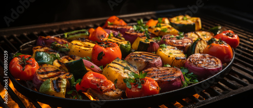 Close-up of mixed vegetables on a grill, showcasing fresh, organic ingredients cooked to perfection.