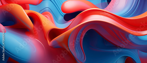 Close-up of floating 3D objects in vibrant red and blue, creating a modern and futuristic design.