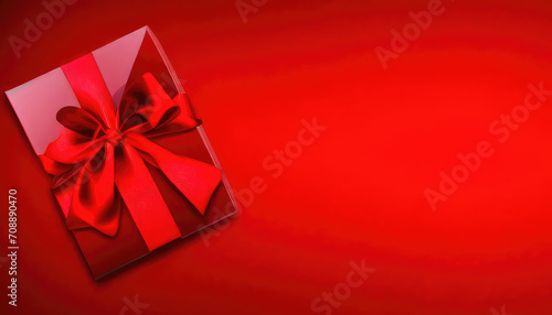 Flatlay of Valentines Day red giftbox with red ribbon on red background with copyspace