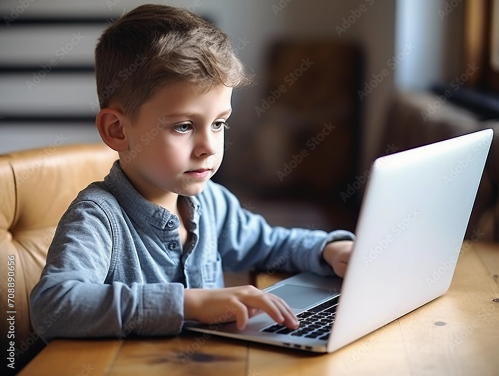 Small kid boy looking at laptop screen isolated on white background. Studying, distance education concept Small kid boy looking at laptop screen isolated on white background. Studying, distance education concept