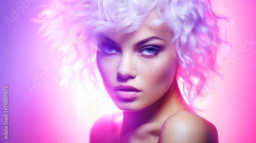 Elegant blonde woman posing with vibrant pink neon background