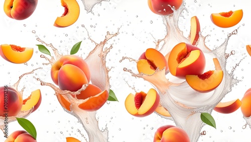 Peaches with splashes of juice close-up  isolated on a white background