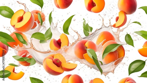 Peaches with splashes of juice close-up, isolated on a white background