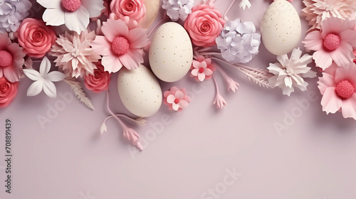 Trendy Realistic Easter greeting card, banner with flowers, Easter eggs and and flowers with copy space. Spring floral Modern 3d Easter graphic concept  © Johannes