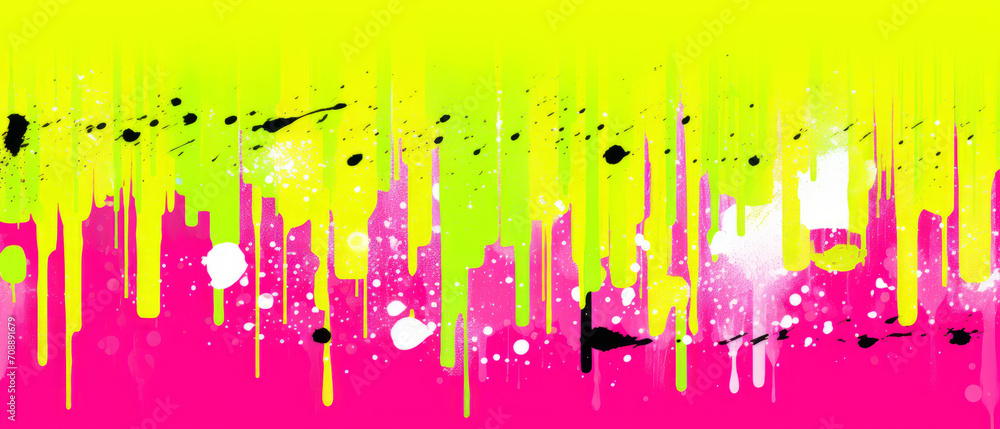Neon paint streaks in pink, yellow, and green create a vibrant graffiti-style backdrop.