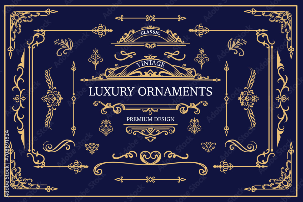 Ornate vintage frames and scroll elements. Classic label with gold ornaments. Classic calligraphy swirls, swashes, dividers, floral motifs. Good for greeting cards, wedding invitations. Luxury design - obrazy, fototapety, plakaty 