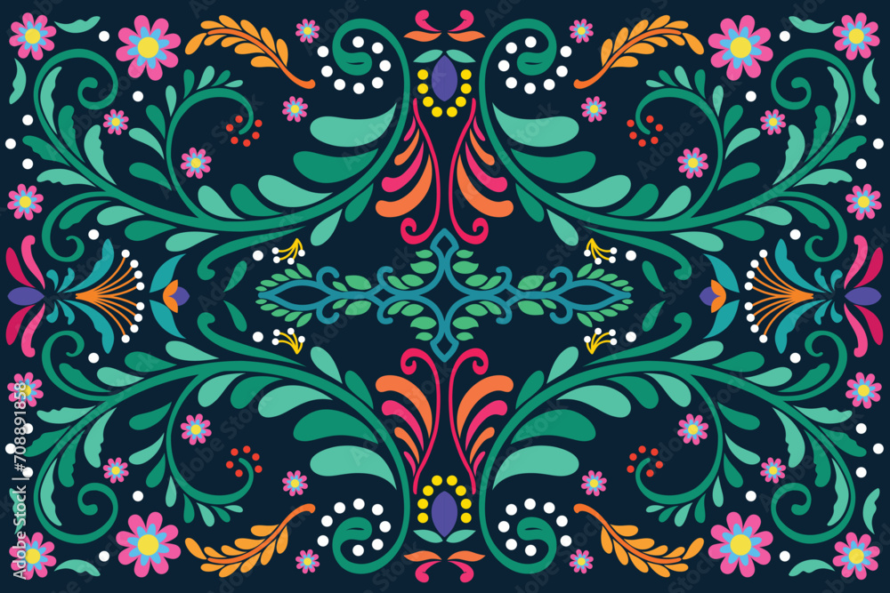 Colorful floral pattern background. Mexican ethnic embroidery decoration ornament. Botanical pattern design vector illustration.