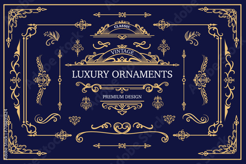Ornate vintage frames and scroll elements. Classic label with gold ornaments. Classic calligraphy swirls, swashes, dividers, floral motifs. Good for greeting cards, wedding invitations. Luxury design photo