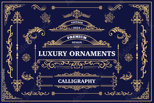 Ornate vintage frames and scroll elements. Luxury gold classic decorative ornament design. Labels and badge, calligraphy swirls, swashes, dividers, retro ribbon, for greeting card, wedding invitations