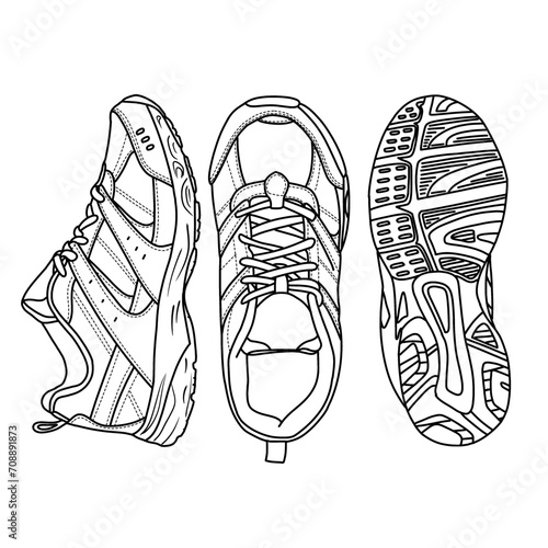 Template vector Mens Tennis Shoes, suitable for your custom sneaker design, outline vector doodle illustration, front, top, and bottom view, isolated with white background.