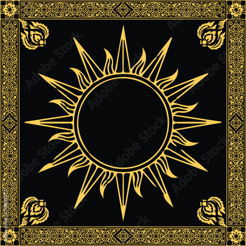 Golden baroque element with chains on a black background. Illustration. Golden Sun in the ring of clouds.Vector illustration on black background. Sun vintage frame divine magic hand drawn antique.