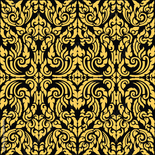 Wallpaper in the style of Baroque. Seamless vector background. Black and gold floral ornament. Graphic pattern for fabric, wallpaper. Ornate Damask flower ornament. Abstract beautiful background. Thai