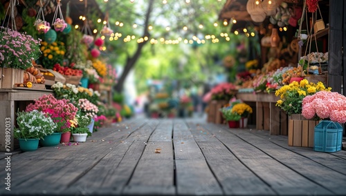A flower market alley adorned with colorful blossoms and hanging lights