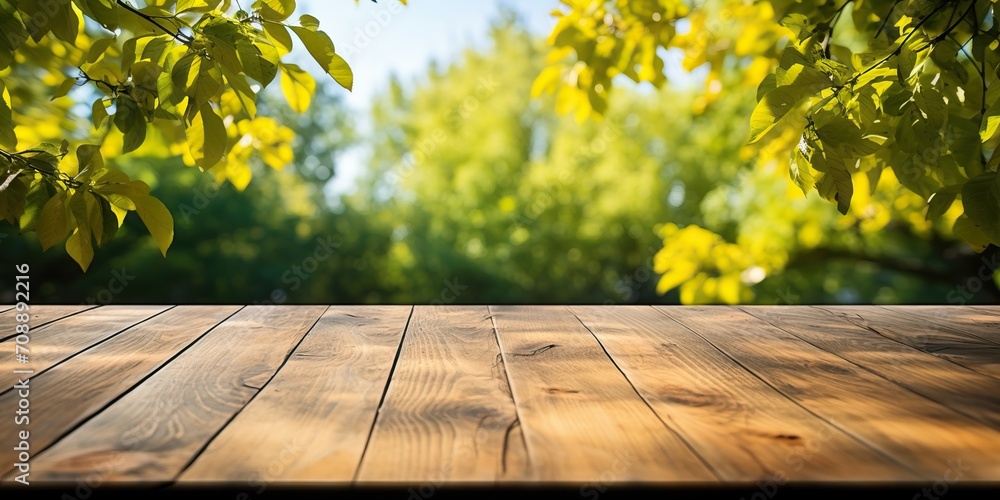 Empty wooden table for product placement in front of green nature background - obrazy, fototapety, plakaty 