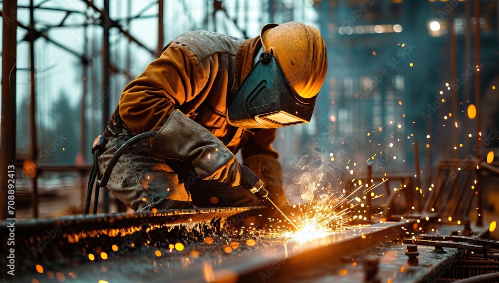 Industrial worker with protective mask welding steel structure at construction site. Industrial worker with protective mask welding steel structure at construction site.