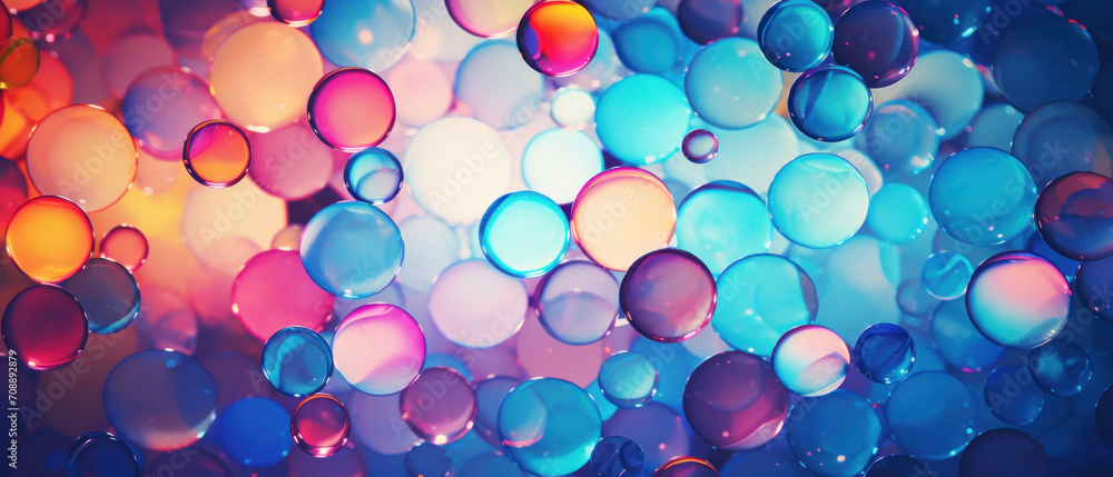 Macro texture of colorful soap bubbles in motion, with a clear, shiny appearance.