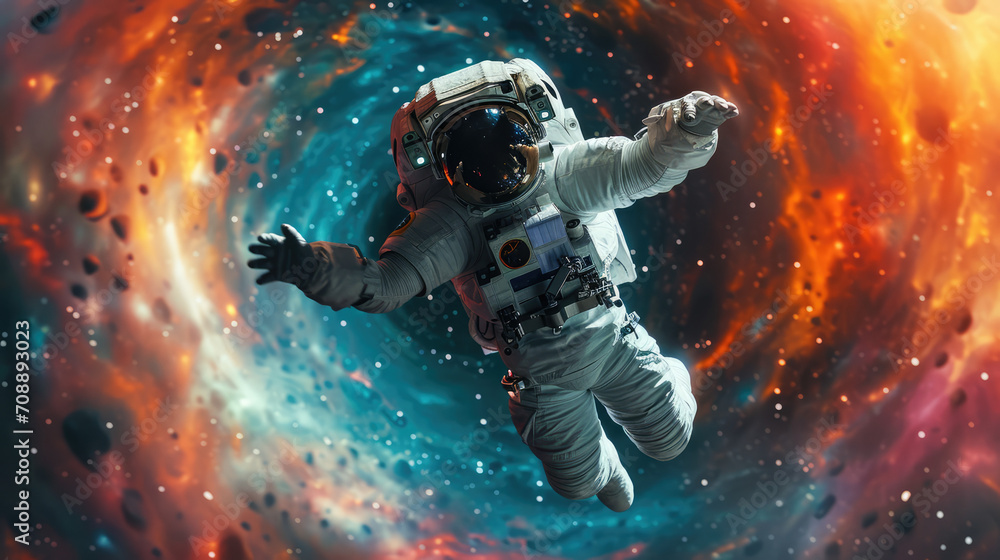 Fototapeta premium an astronaut flying through a colorful wormhole nebula, space time travel concept