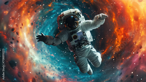 an astronaut flying through a colorful wormhole nebula  space time travel concept